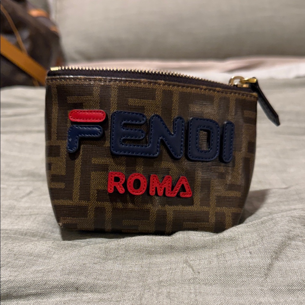 Fendi Brown Monogram Toiletry Pouch with Navy & Red Logo